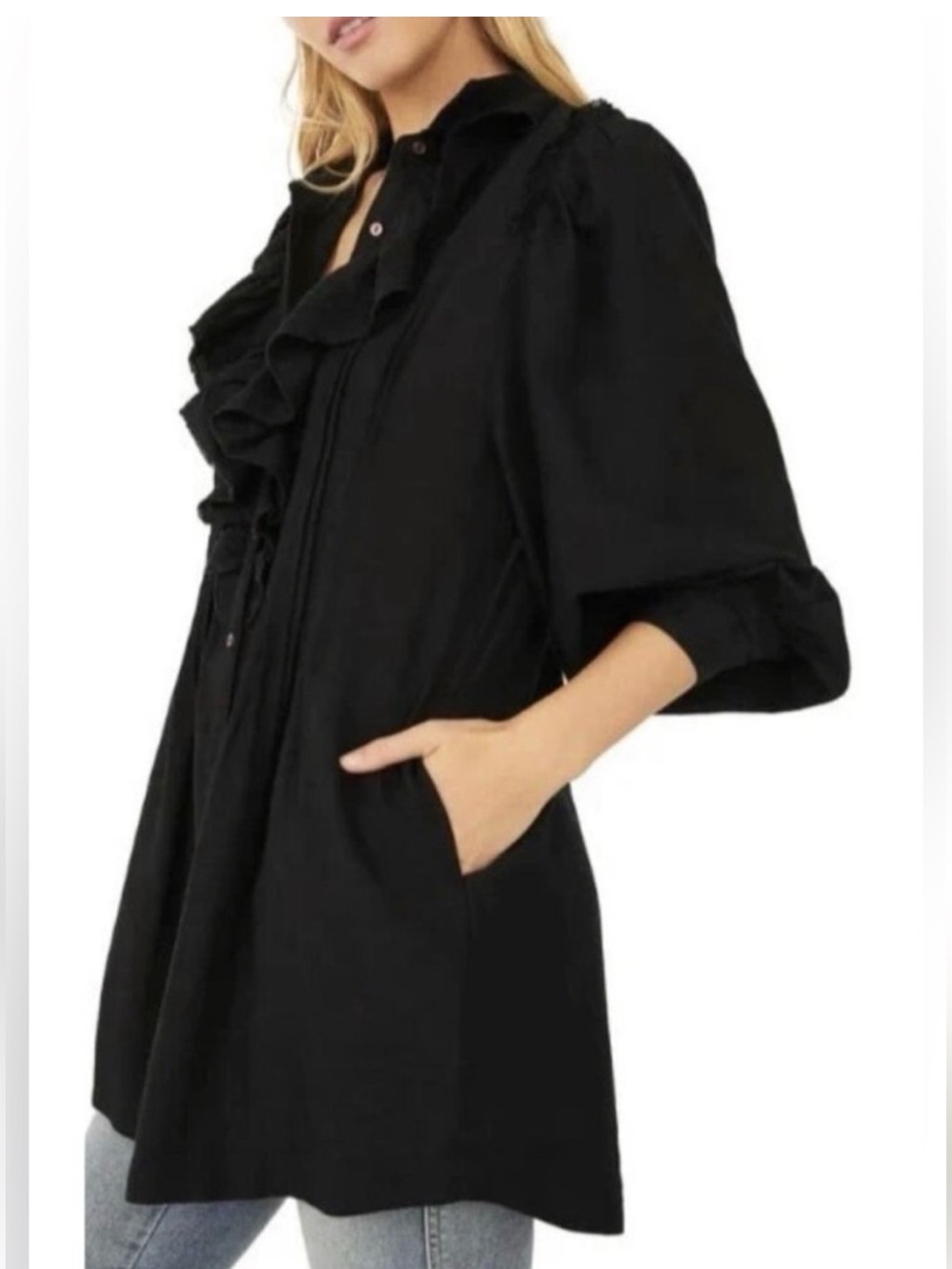 Free People Bella Black Ruffle M Tunic Mini dress Blouse long sleeve Boho pocket